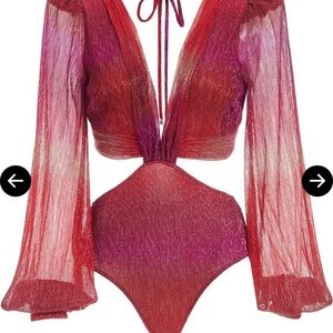 PatBO Metallic Red-Pink Plunge Bodysuit with Bell Sleeves